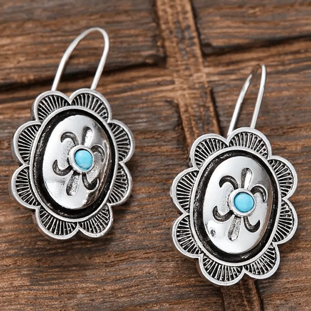 Western Boho Turquoise Lotus Earrings - Picture 3 of 5